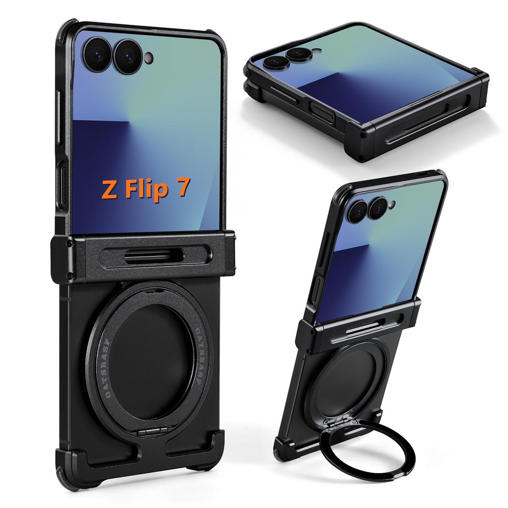 Чехол Eary для Samsung Z Flip 7 с поддержкой MagSafe, алюминиевый, металлический, с магнитной подставкой, вращающейся на 360°, подставкой-ножкой, безрамный, противоударный бампер