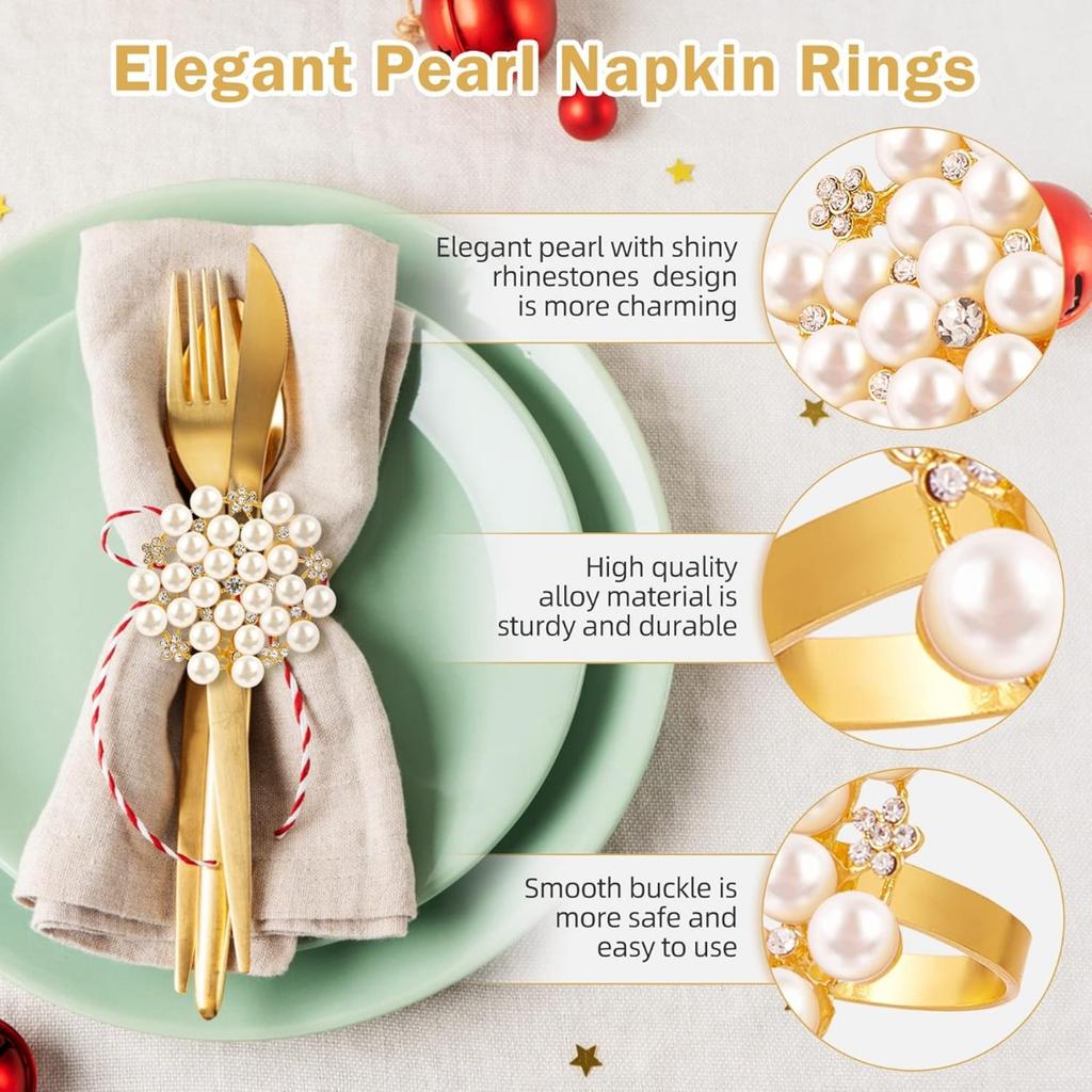 4PCS Rhinestone Pearl Napkin Rings for Table Setting Decorations, Gold Serviette Buckle Elegant Napkin Ring Holder for Wedding Dinner Table Decoration