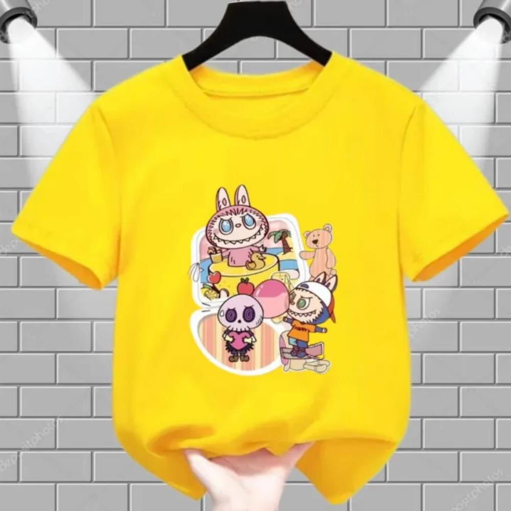 Летняя популярная детская футболка одежда пляжный отпуск Labubu с принтом для девочек круглый вырез короткий рукав повседневный топ