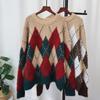Autumn and Winter New Loose Lazy Style Knitted Sweater Top Retro Contrasting Color Diamond Sweater Pullover Woman