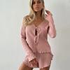 Summer Sexy Cardigan Lace-up Knitted Long-sleeved Shorts Women's Home Wear Soft Pajamas Set
