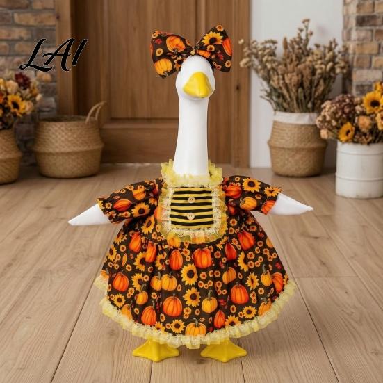 Decorative Goose Clothing for Entrance Thanksgiving Porch Outfits 23" Statue Fall Maple Leaf Fabric Dress Apron Set Pumpkin Clothes Autumn