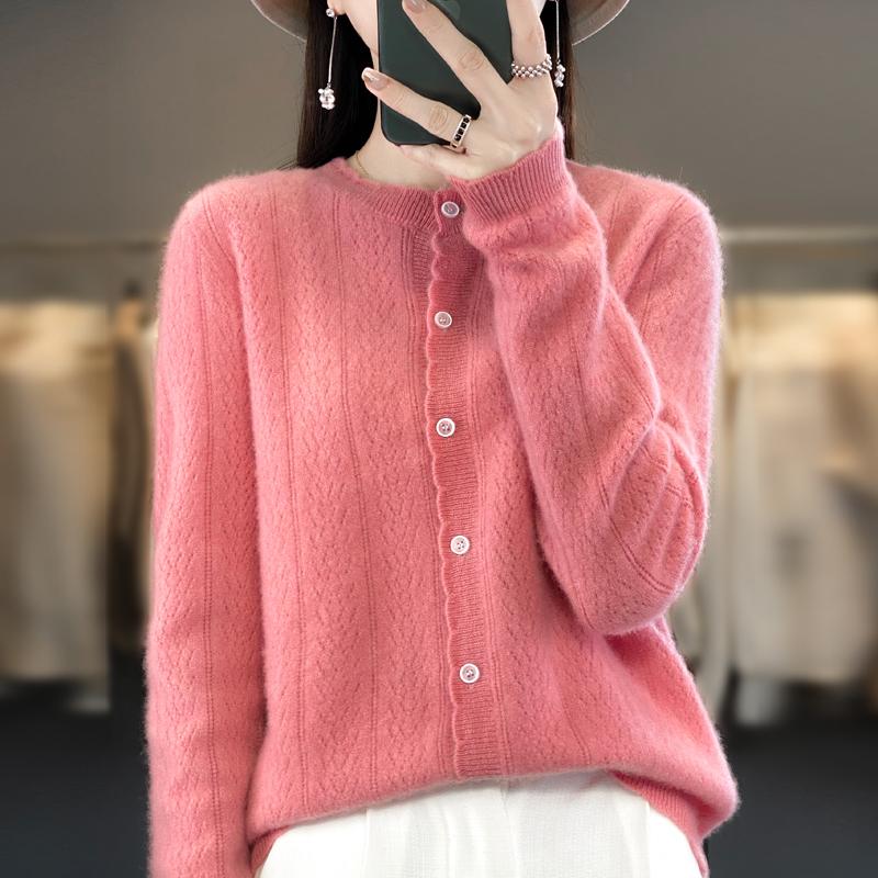 Women's Round Neck Cashmere Cardigan, Qinghe Cashmere, 30% Cashmere 70% Wool, Winter Knitted Pullover Autumn Sweater Cashmere Sweater