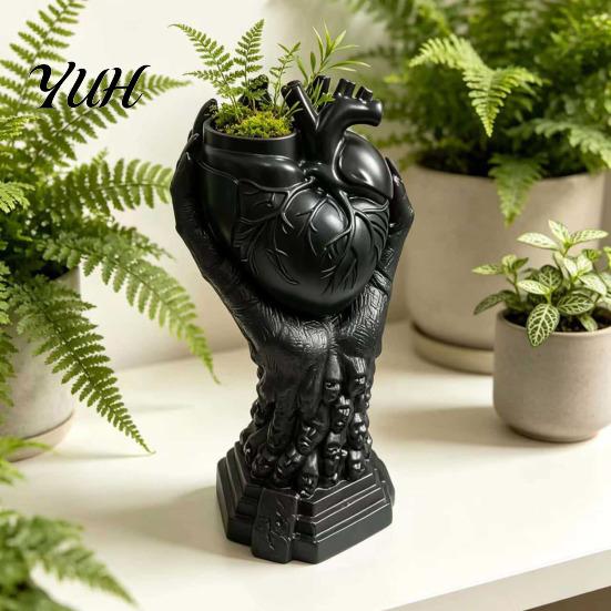 Unique Gothic Art Gift Hand Holding Human Heart Organ Vase, Anatomical Shaped Devil Palm Flower Pot Spooky Halloween Desktop for Living Room