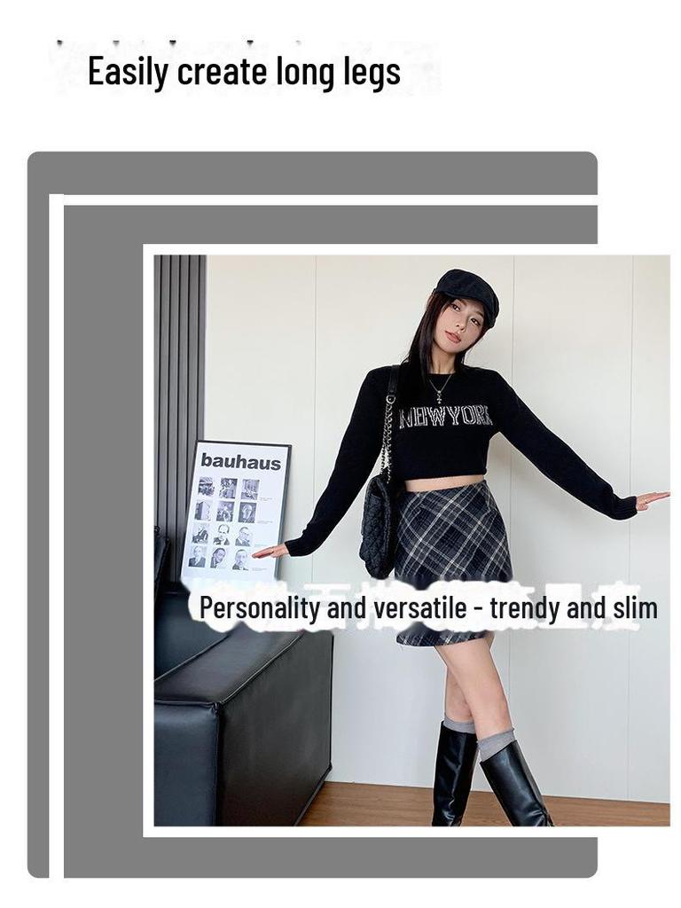 2024 High-Waist Plaid Woolen A-Line Skirt: Autumn/Winter College Style