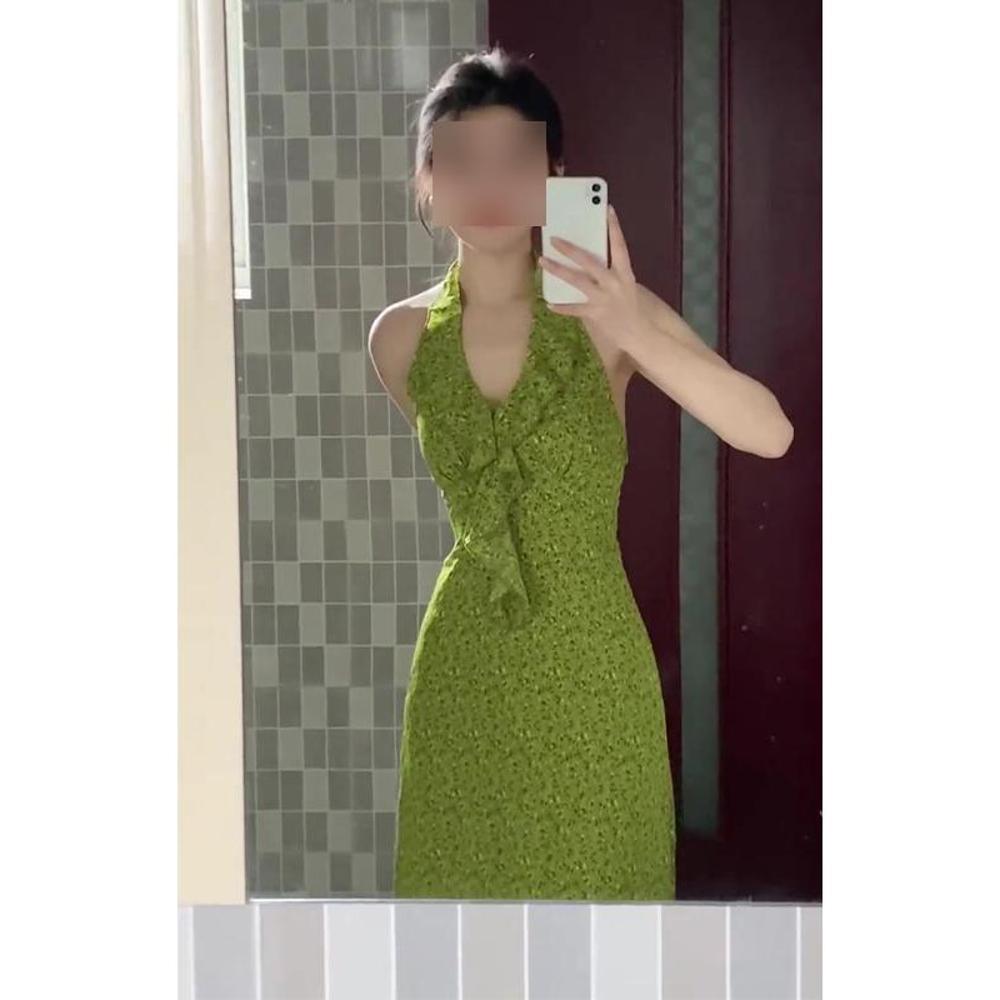 Французское зеленое платье с V-образным вырезом, рюшами и цветочным декором по горловине, нежный темперамент, облегающее талию платье-годе с разрезом на бедре