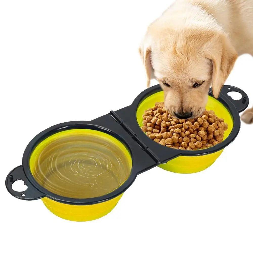 Портативная складная двойная миска для домашних животных, расширяемая миска для кормления, двойная миска для корма для собак и кошек