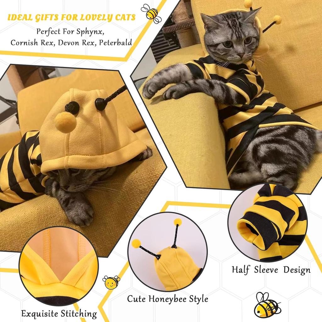 QBLEEV Sphynx Cat Clothes Honeybee, Cat Costumes for Cats Only, Hairless Cat Sweaters Warm Kitten Pullover Shirt, Cat's Pajamas Jumpsuit Apparel, Cat