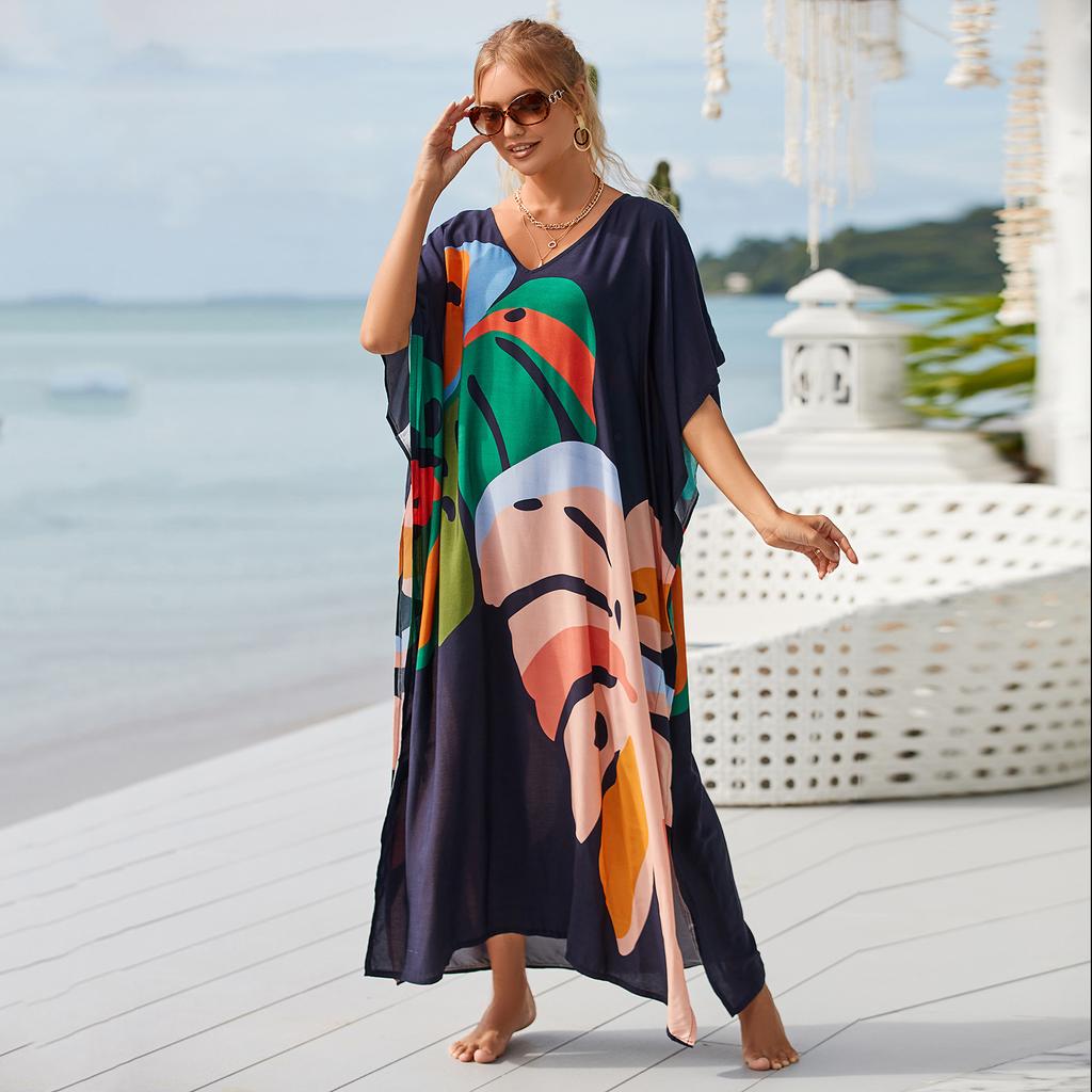 Maxi Dresses Leaf Printed Black Background Women Beach Kaftans Cover Ups for Swimwear Summer Holiday Bathing Suits