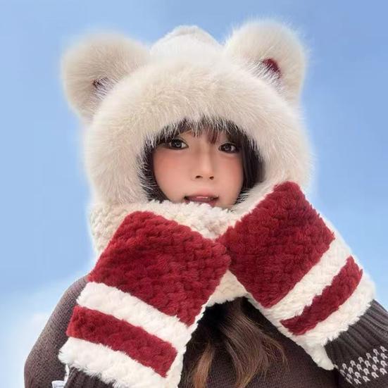 3 In 1 Hat Scarf Gloves Set Bear Ear Decor Thickened Plush Winter Hat