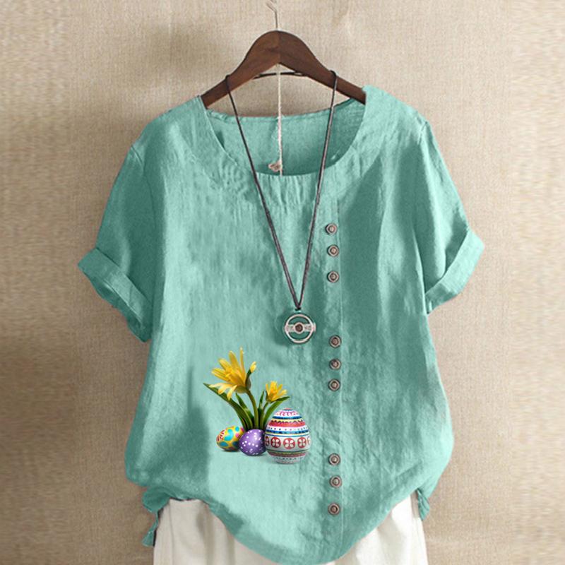 Women's Fashion Round Neck Short Sleeve T-shirt Casual Cotton Linen Graphic Shirt Leisure Loose Flower Prined Summer Blouse Tops