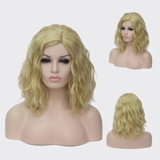 Вьющиеся парики для косплея для женщин, короткие синие, фиолетовые, розовые, зеленые, золотисто-желтые, боковая часть, термостойкое волокно, синтетические волосы