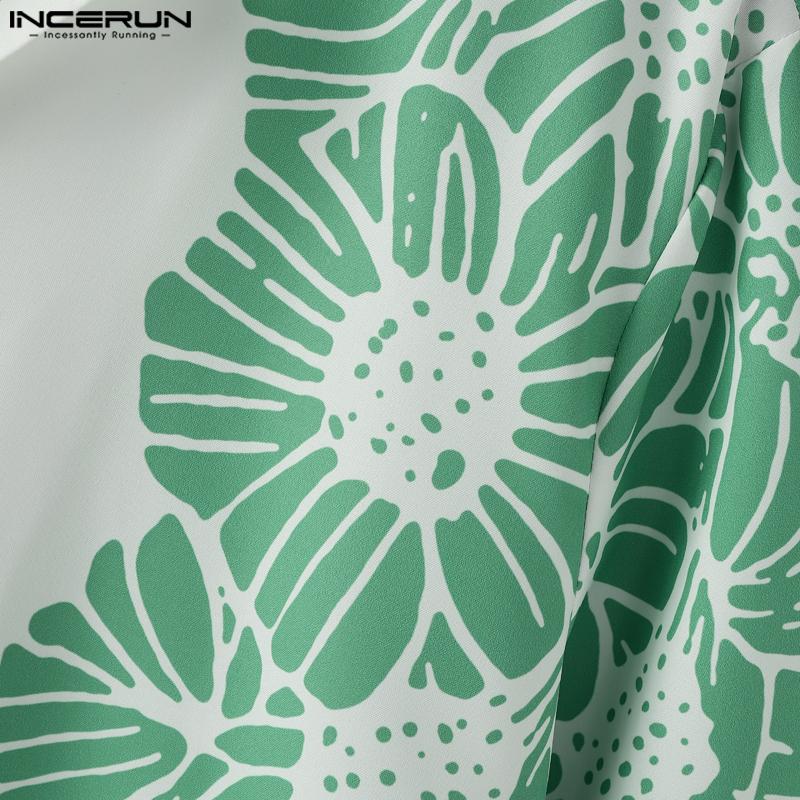 INCERUN Мужские рубашки с лацканами, короткими рукавами, принтом, декоративной строчкой, повседневные, свободного кроя