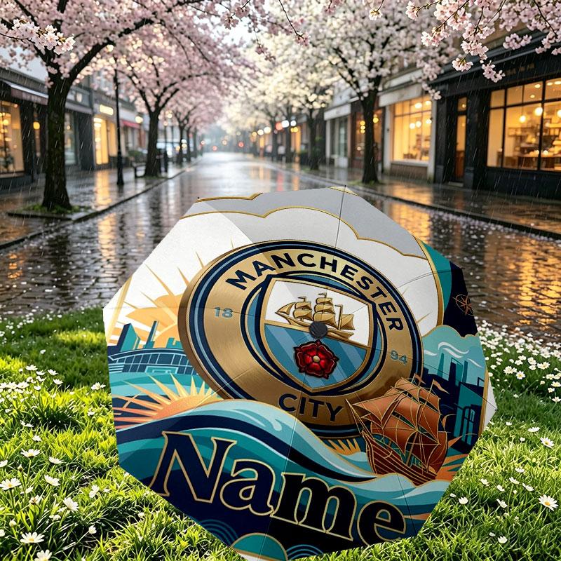 Custom Name Personalized Manchester City Print Umbrella, Auto Open Close, 8‑Rib Sturdy Frame, Commute Camping Hiking Use, Birthday Gift