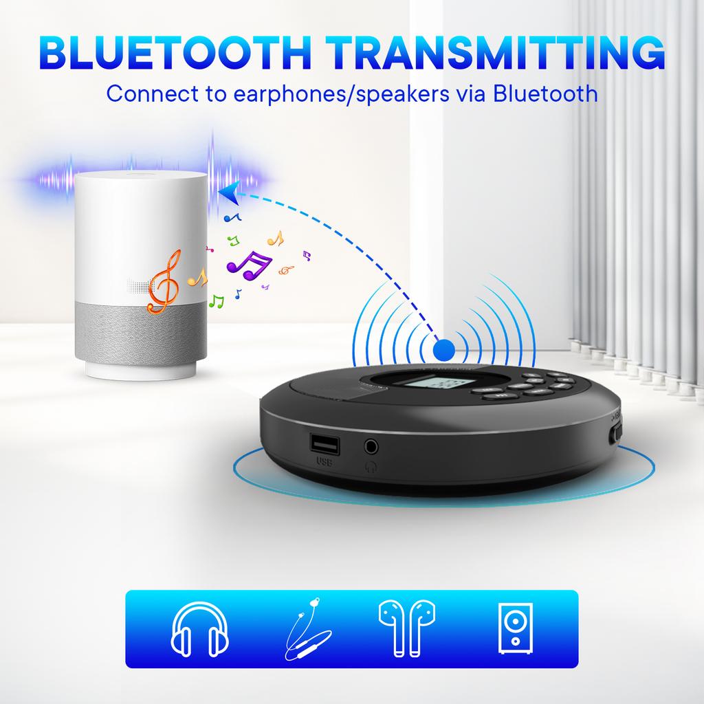 Portable Cd Player with Bluetooth Rechargeable Discman with Speakers Walkman Cd Player with USB Bluetooth Transmitting
