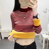 Autumn and Winter Korean Style Striped Warm Velvet Thickened Bottoming Shirt Top with Large Size Women's Slimming T-shirt