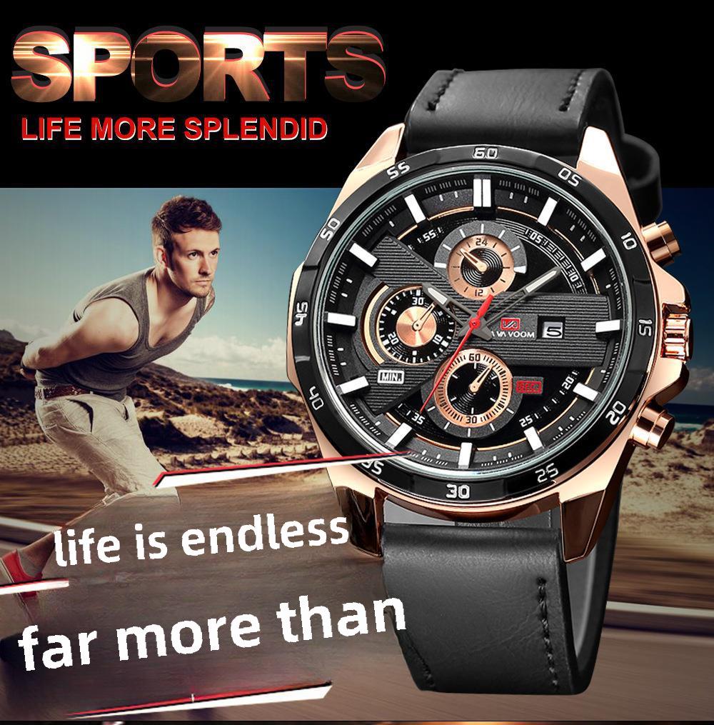 Мужские водонепроницаемые кварцевые часы для спорта на открытом воздухе с календарем и кожаным ремешком