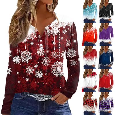 Женская футболка с рождественским принтом на пуговицах с длинным рукавом, повседневная, выходного дня, модная, базовая, с V-образным вырезом, обычная