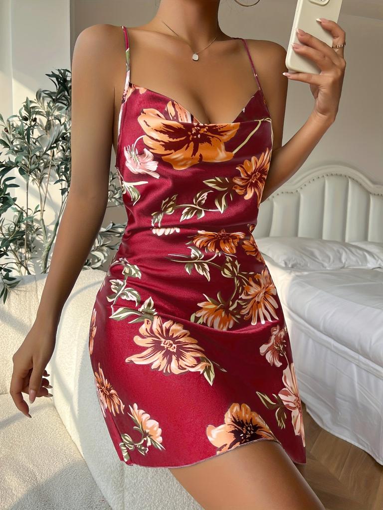 Summer Women's Floral Print Sling Nightgown Backless High Waist Sexy Short Home Dress Breathable Lightweight Soft Stylish Pajamas for Female