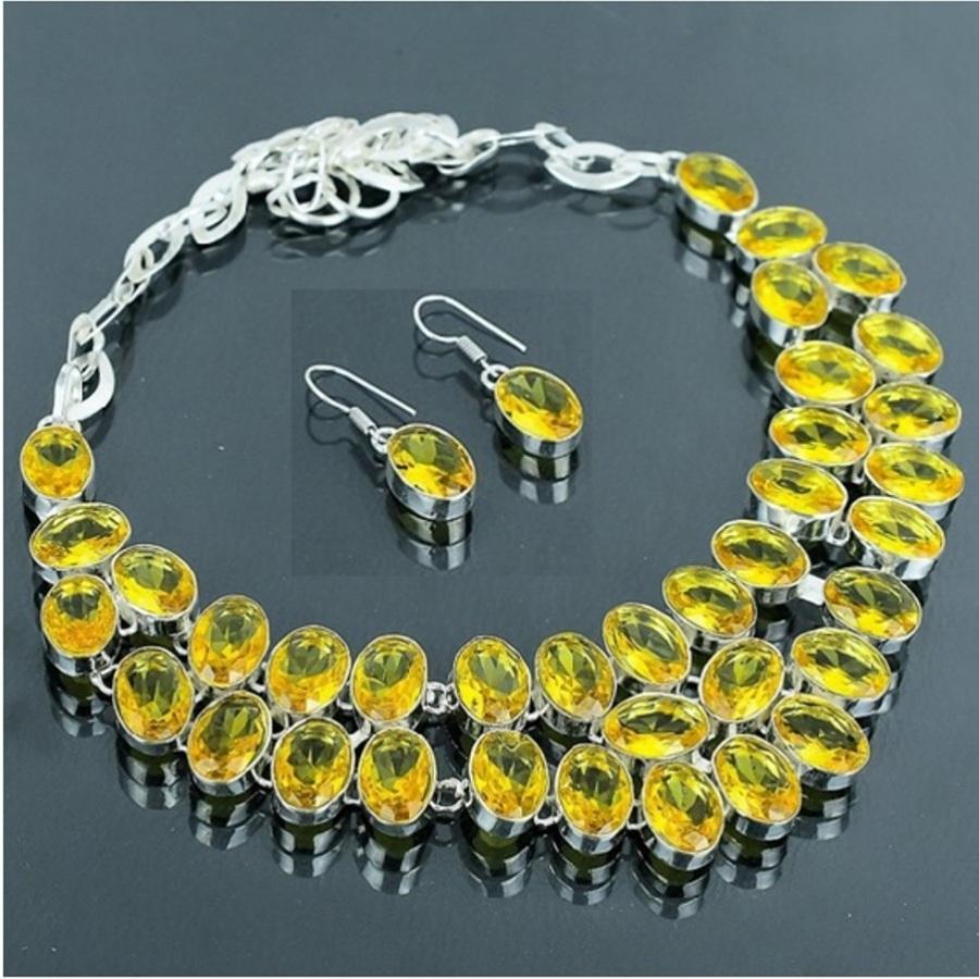 Citrine Topaz Oval Shape Gemstone Jewelry Set Handmade Antique Necklace Earrings