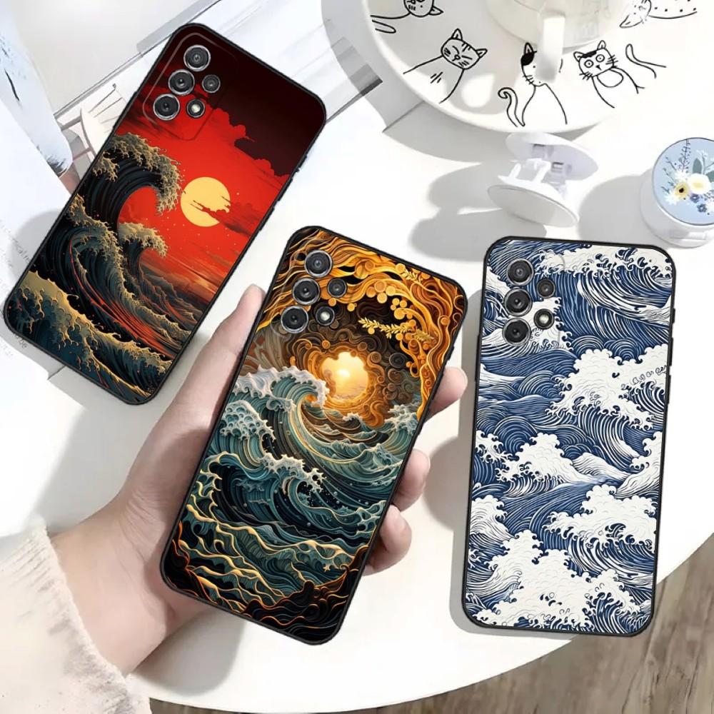 Чехол для телефона Ukiyo Океанские волны Для Samsung S25, S24, S21, S22, S23, S30, Ultra, S20, Plus, Fe, Lite, Note, 10 Черный Мягкий