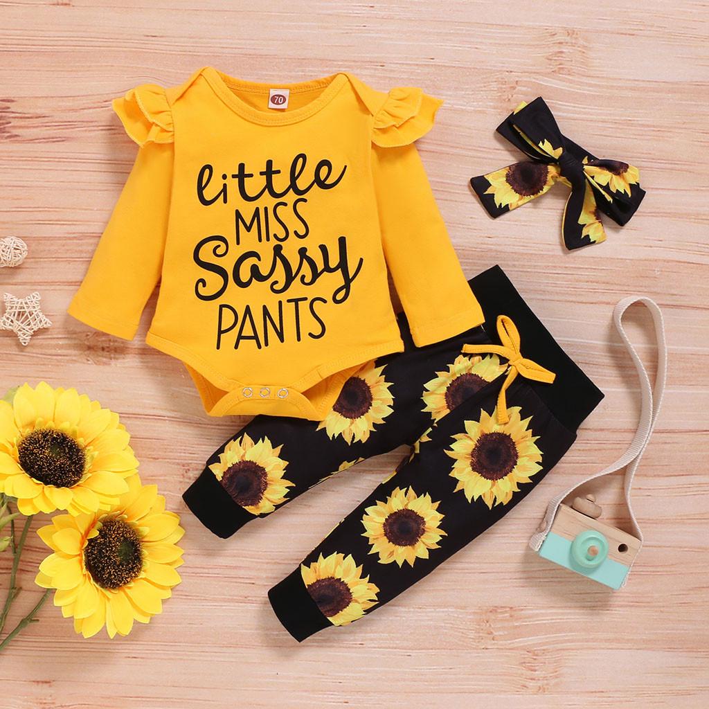 Infant Baby Girls Letter Romper Bodysuit+Sunflower Print Pants+Headband Outfits