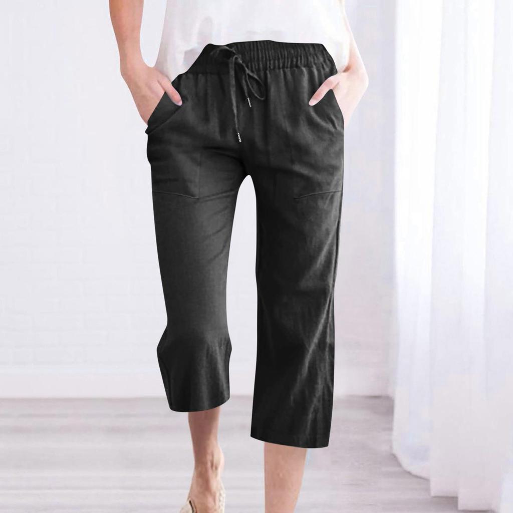 Fashion Women Fashion Casual Solid Color Drawstring Pocket Calf-Length Pants