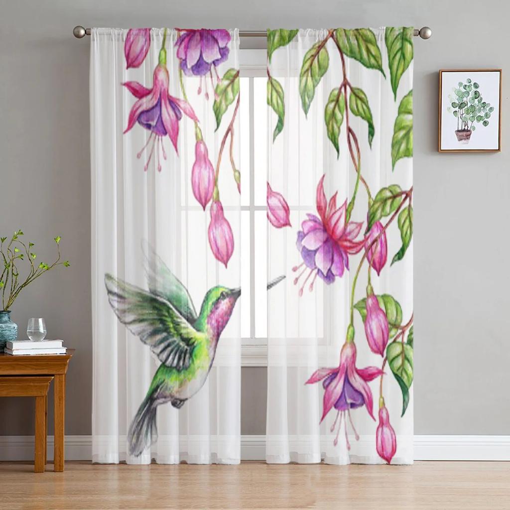 Тюлевая занавеска «Колибри» с фиолетовыми цветами и листьями для гостиной, прозрачная занавеска с балдахином для кухни, спальни, оконные шторы