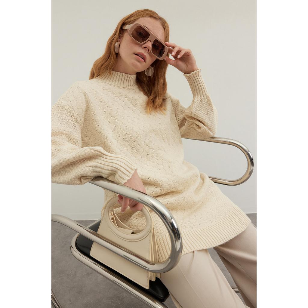 Stone High Collar Honeycomb Pattern Knitted Knitwear Sweater Tctaw24ak00020