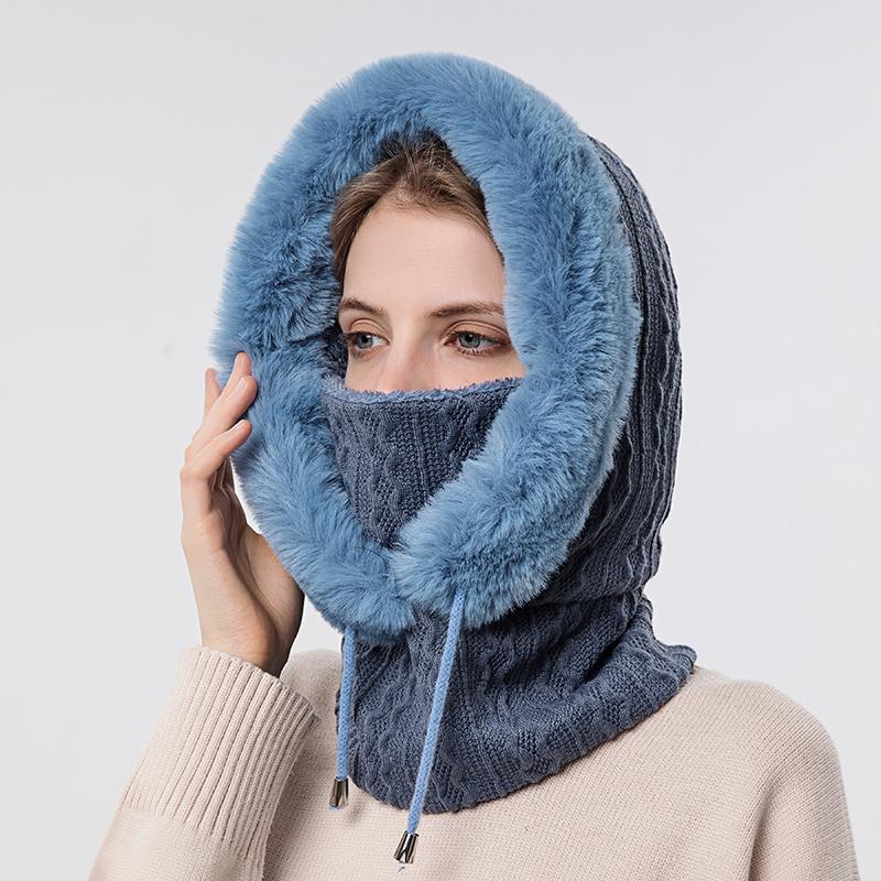 Hat Soft Winter Fur Cap Mask Set Hooded for Women Knitted Cashmere Neck Warm Balaclava Bicycle Hat Thick Plush Fluffy Ski Windproof Hat