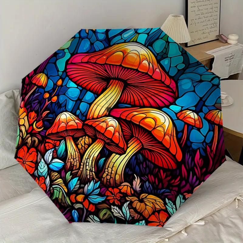 Stained Mushroom Garden Automatic Opening Folding Umbrella - Portable 3-Fold Design with Iron Frame, Perfect for Outdoor Use, Festive Gifts,