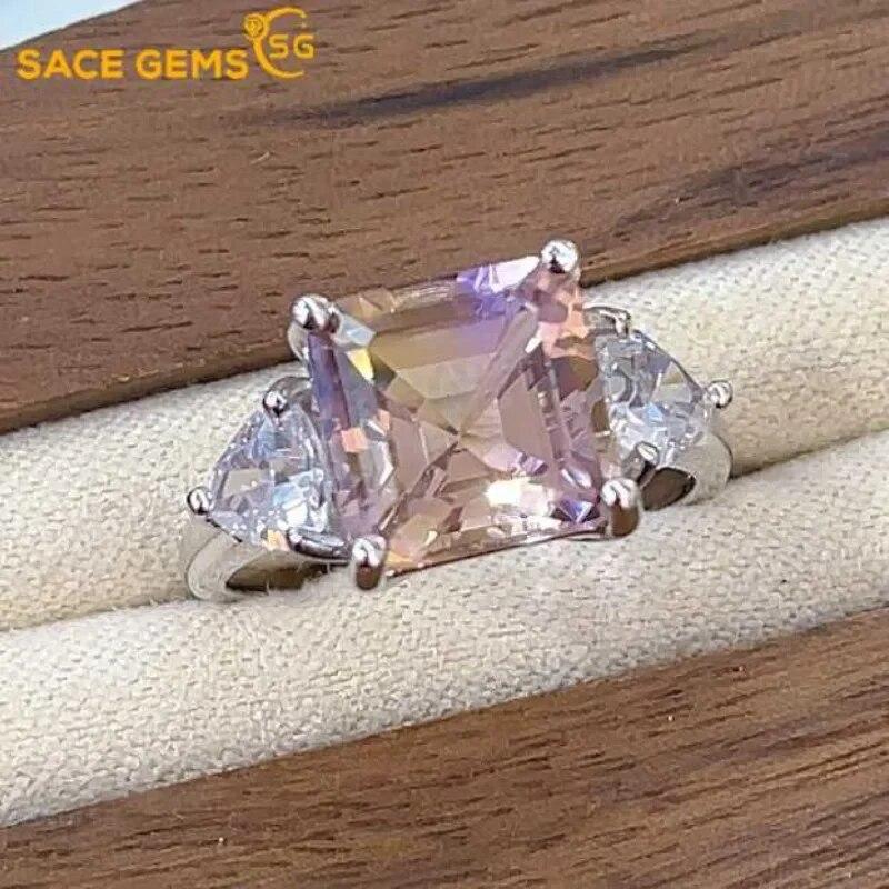 SACEGEMS 9*9MM Natual Ametrine Rings for Women 925Sterling Silver Wedding Party Fine Jewelry Festival Gift