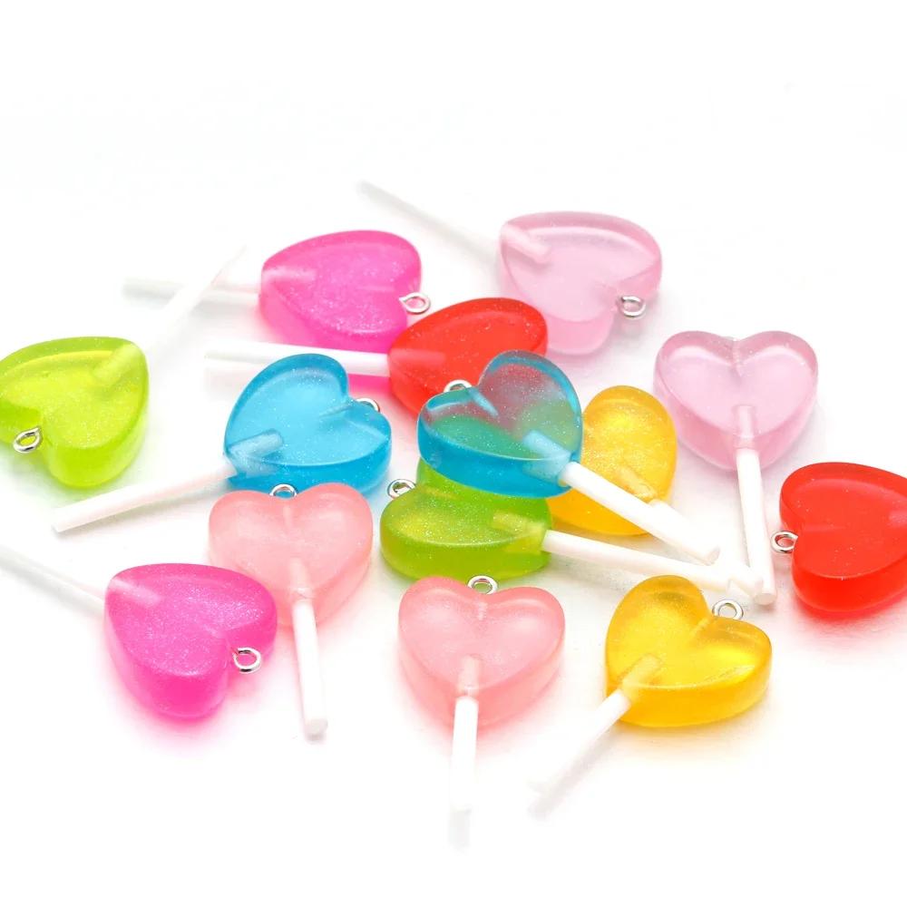 10PCS Glitter Hearts Shape Lollipop Resin Pendants Cute Candy Charms for Jewelry Making Supplies Diy Earings Keychain Findings