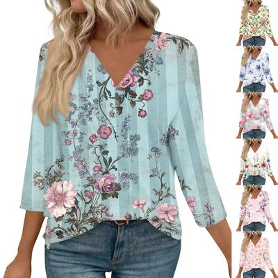 Женские топы с рукавами 3/4 и V-образным вырезом, повседневные туники, базовые рубашки, блузки свободного кроя