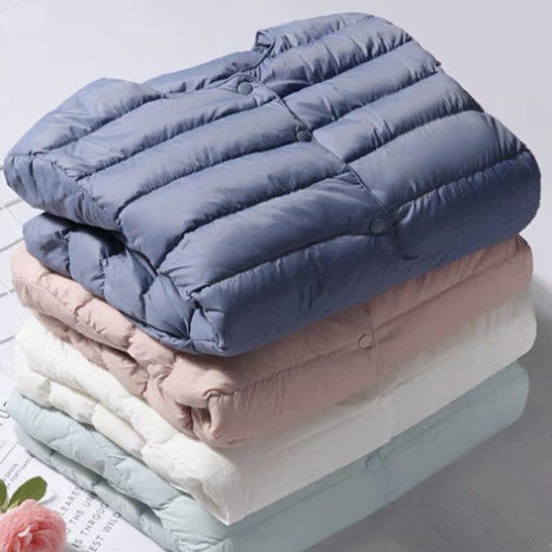 Белый утиный пух, легкий тонкий пуховик, женский круглый вырез, короткая секция, без воротника, осенне-зимняя теплая куртка большого размера с внутренней стороны