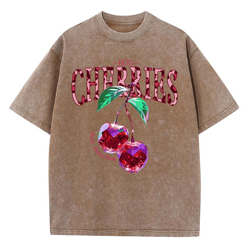 Crystal Cherries Washed TShirts Women Cotton Tees Fruit Letter Print Tops Oversize Distressed Short Sleeve Summer Woman Clothes