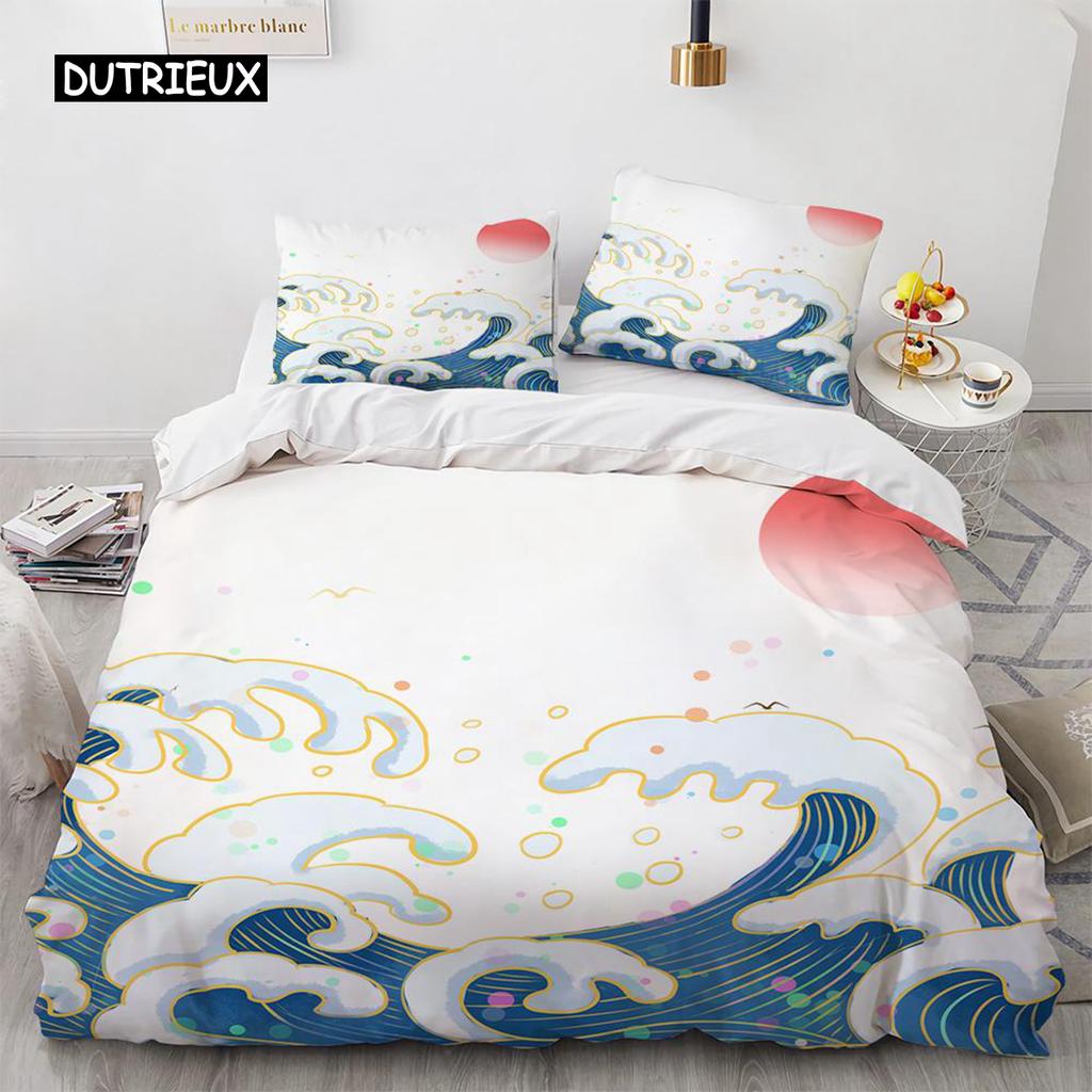 Комплект пододеяльников Wave с узором «Хокусай» в японском стиле «Укиё-э» с восточным эскизом, комплект постельного белья Ocean Queen Twin из полиэстера
