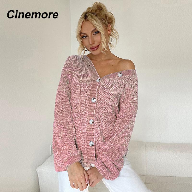 Cinemore Весенне-осенний женский свитер однотонный свободный повседневный открытый карман теплый базовый топ с длинными рукавами и круглым вырезом трикотажная карточка