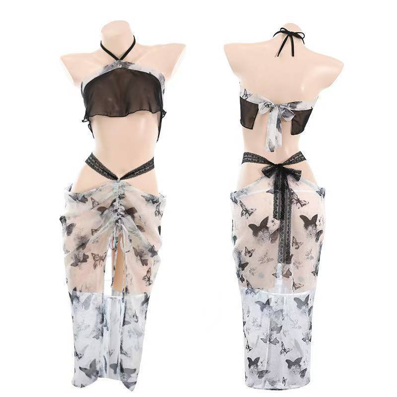 Сексуальное нижнее белье новый набор ночной сорочки с принтом бабочки китайской тушью и карманом на животе, сексуальное чистое желание, перспектива соблазна