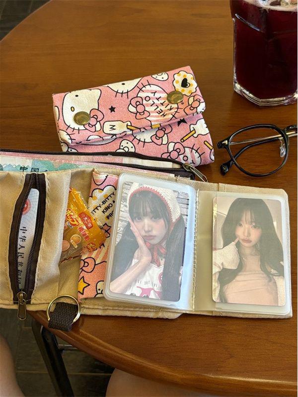 Korean-Style Hello Kitty Canvas Wallet & Key Holder: Cute Cartoon Design, Multifunctional Coin Purse & Card Holder.