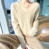 Autumn and Winter V-neck Rhombus Twisted Flower Double-strand Thickened Solid Color Long-sleeved Knitted Sweater Loose and Lazy Bottoming Shirt Women