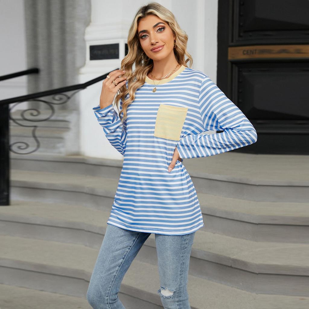 Женский повседневный топ с круглым вырезом и длинными рукавами в полоску с принтом