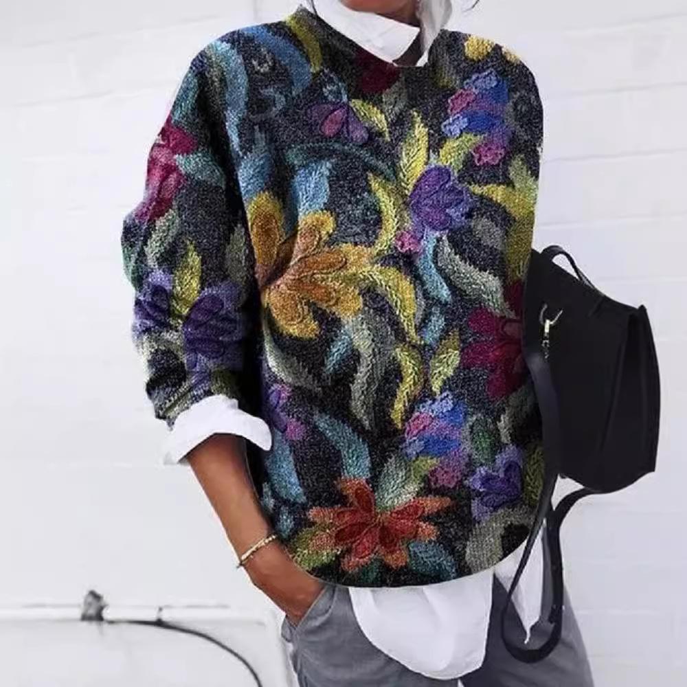 GMXIA Women's Fashion Ground Floral Print Loose Long-sleeved Top