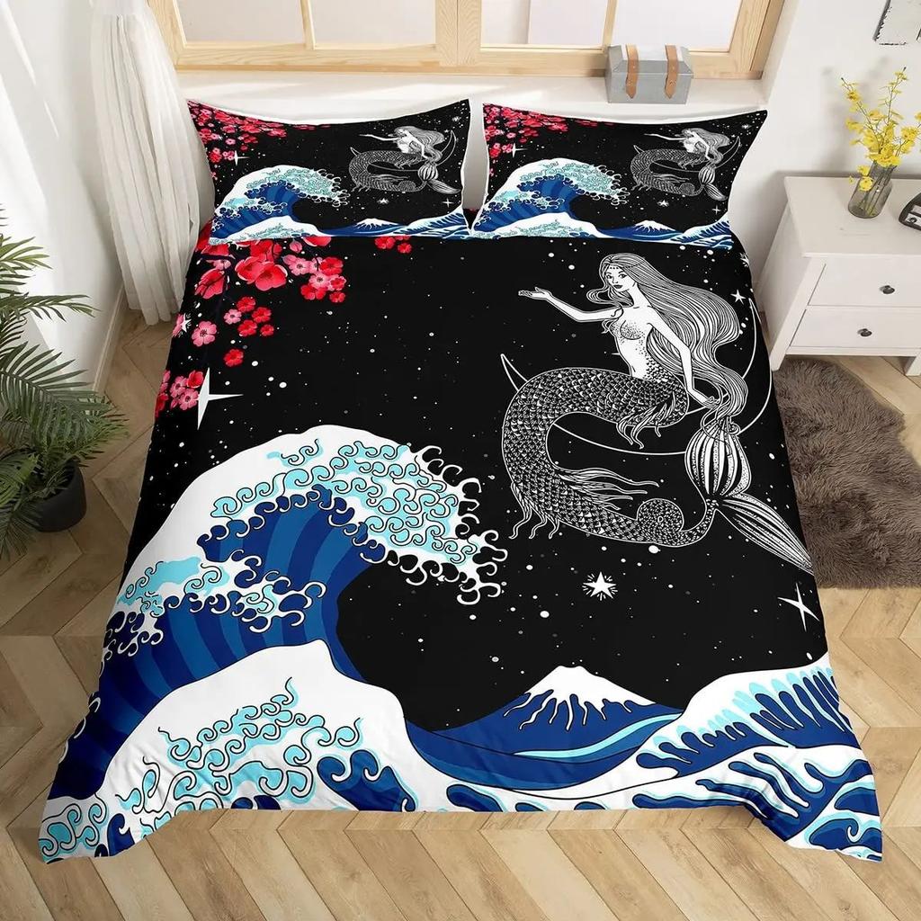 Japanese Wave Duvet Set Three-Piece Set, Japanese Traditional Painting Sea Theme Bedding Set