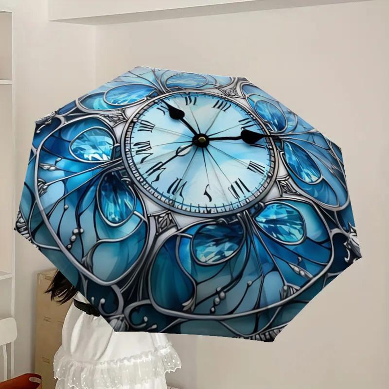 1pc Stained Glass Clock Design Umbrella with Plastic Handle,Suitable for All Seasons Home Travel Outdoor UmbrellaDD140