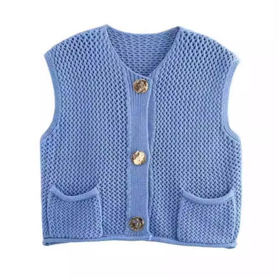 Женский вязаный жилет с V-образным вырезом, без рукавов, однобортный, с карманами, вязаный жилет, универсальный однотонный трикотаж