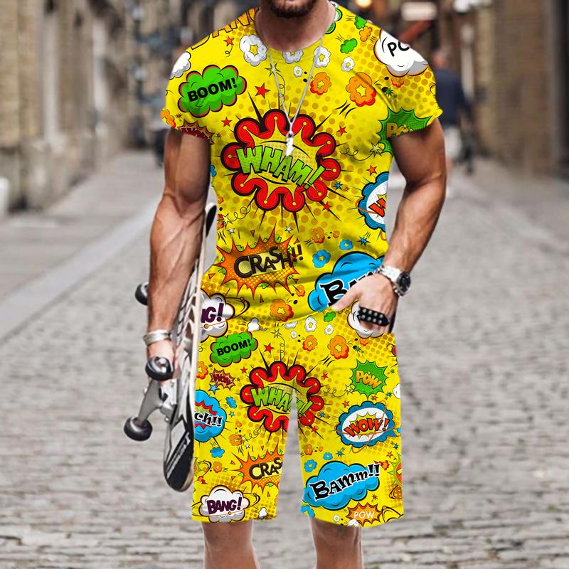 Летняя мужская футболка, комплект, забавная футболка с коротким рукавом в стиле хип-хоп, шорты, спортивный костюм из 2 предметов, красочный повседневный спортивный костюм, одежда унисекс