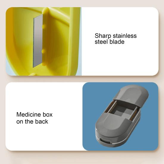 2-In-1 Portable Pill Cutter Box Food Grade Sharp Stainless Steel Blade Multi-functional Travel Capsule Tablet Storage Container Organizer