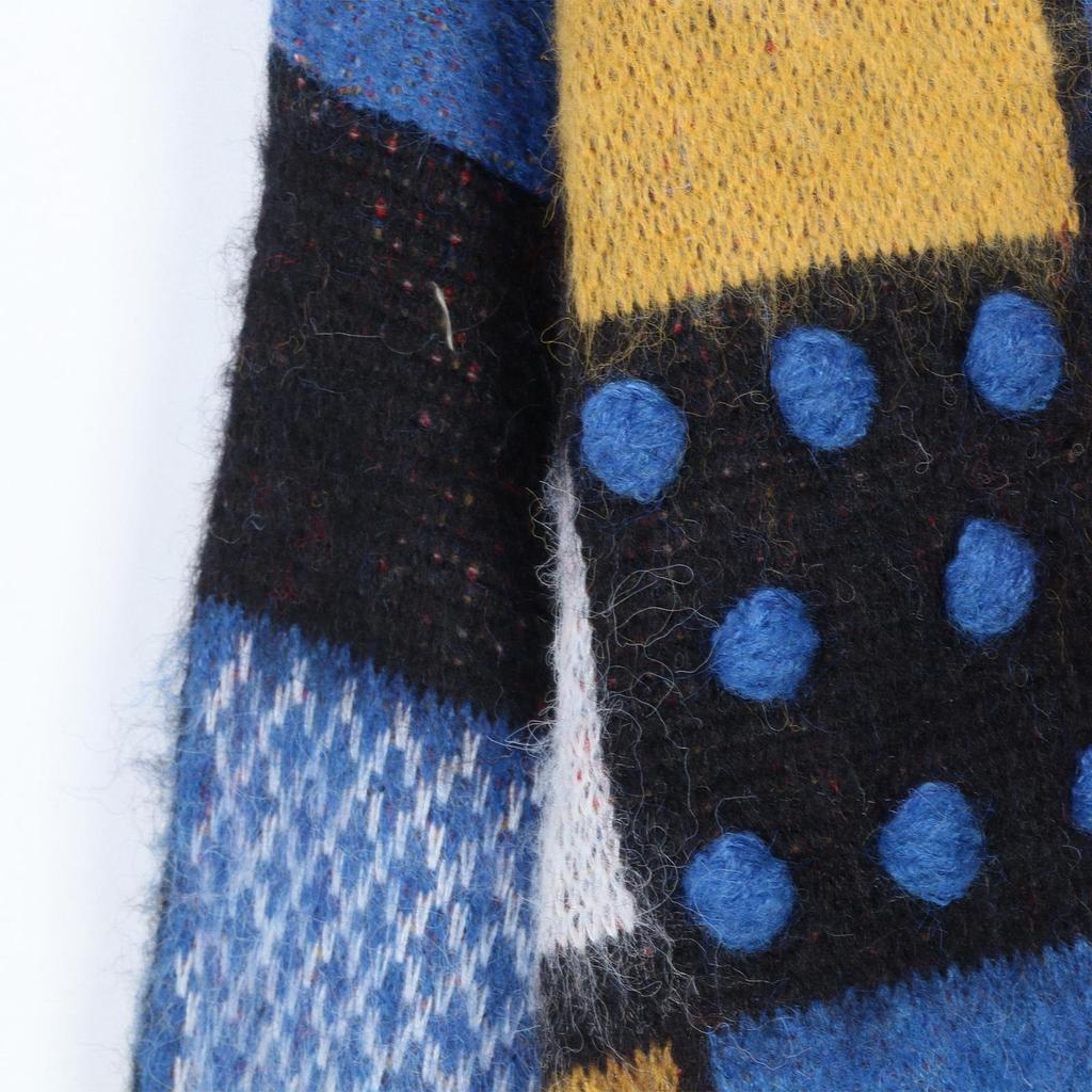 Корейский ретро кардиган свитер с V-образным вырезом из мохера в клетку с цветными блоками и помпонами