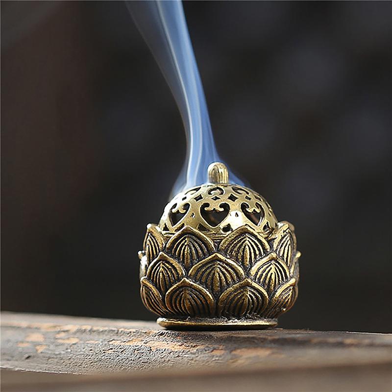 Retro Copper Small Lotus Hollow Out Incense Stick Burner Brass Incense Holder